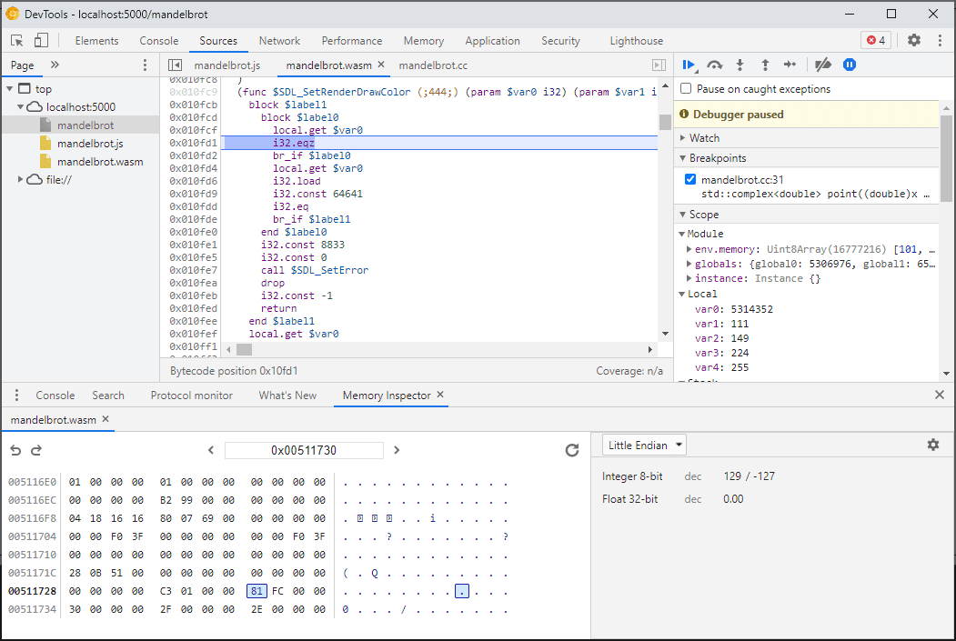 DevTools の Memory Inspector ペインに、メモリの 16 進数ビューと ASCII ビューが表示されている