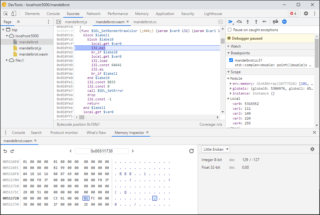 Панель инспектора памяти в DevTools, показывающая шестнадцатеричное и ASCII-представление памяти.