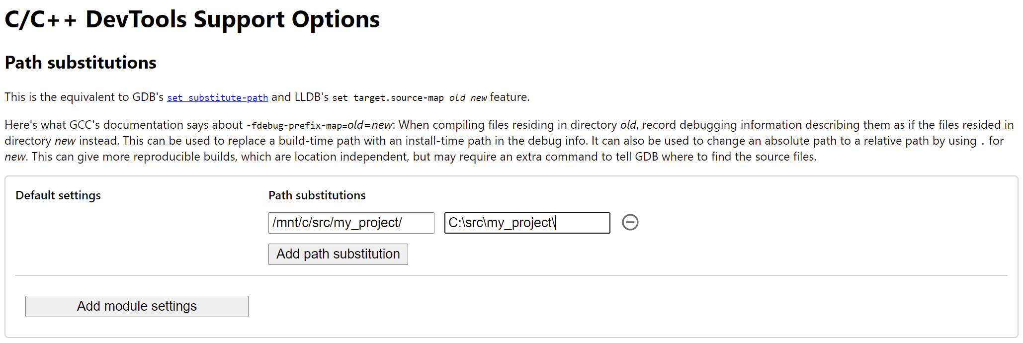 Strona opcji rozszerzenia do debugowania C/C++