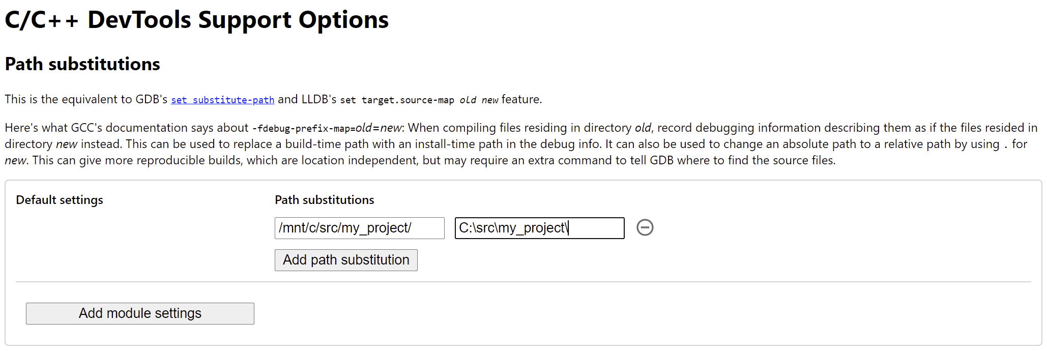 Página de opções da extensão de depuração C/C++