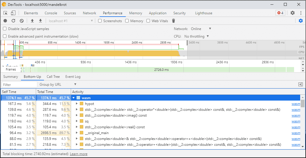 Profiling panel showing various Wasm functions