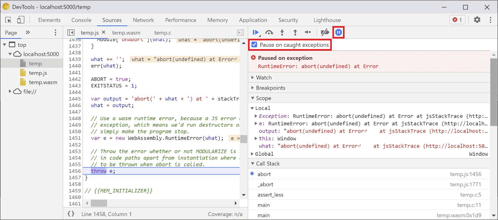 Captura de tela do painel &quot;Fontes&quot; mostrando como ativar a opção &quot;Pausar nas exceções encontradas&quot;