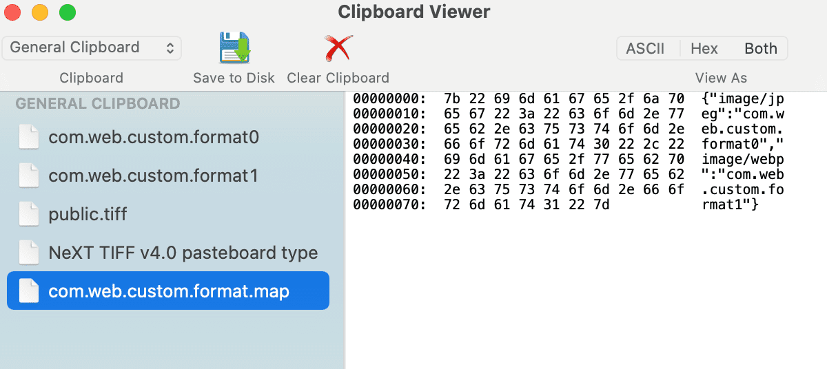 Clipboard-Expector unter macOS mit einer benutzerdefinierten Formatkarte, in der zwei benutzerdefinierte Webformate aufgeführt sind