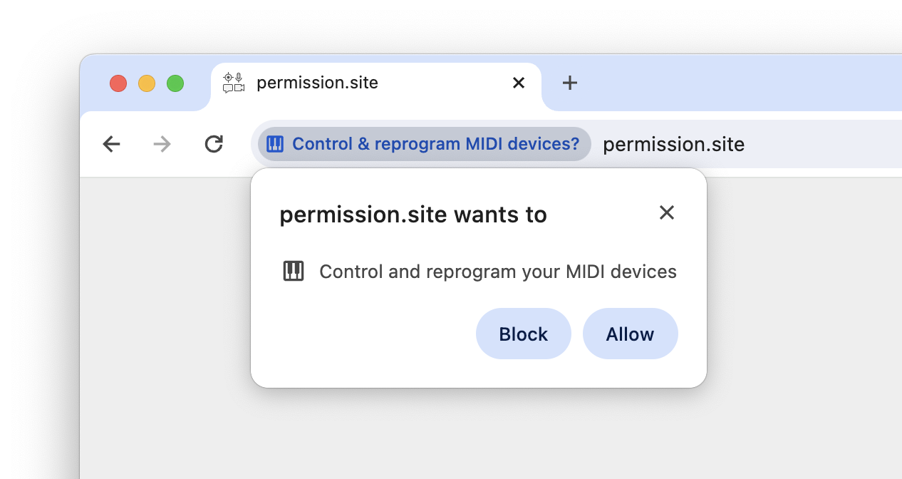 Screenshot der Web MIDI-Berechtigungsaufforderung in Chrome