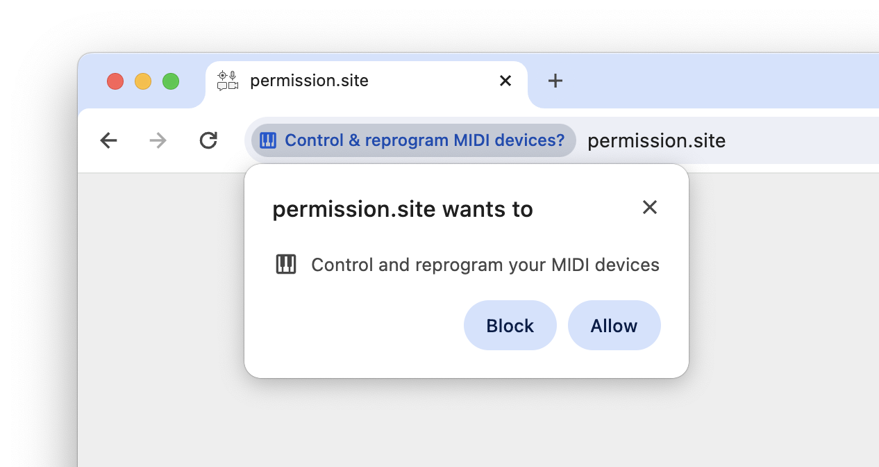 Captura de pantalla del mensaje del permiso de MIDI web en Chrome.