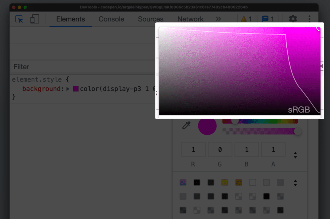 색상 선택 도구에 색 영역을 보여주는 DevTools