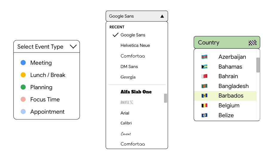 Exemplos de menus de seleção