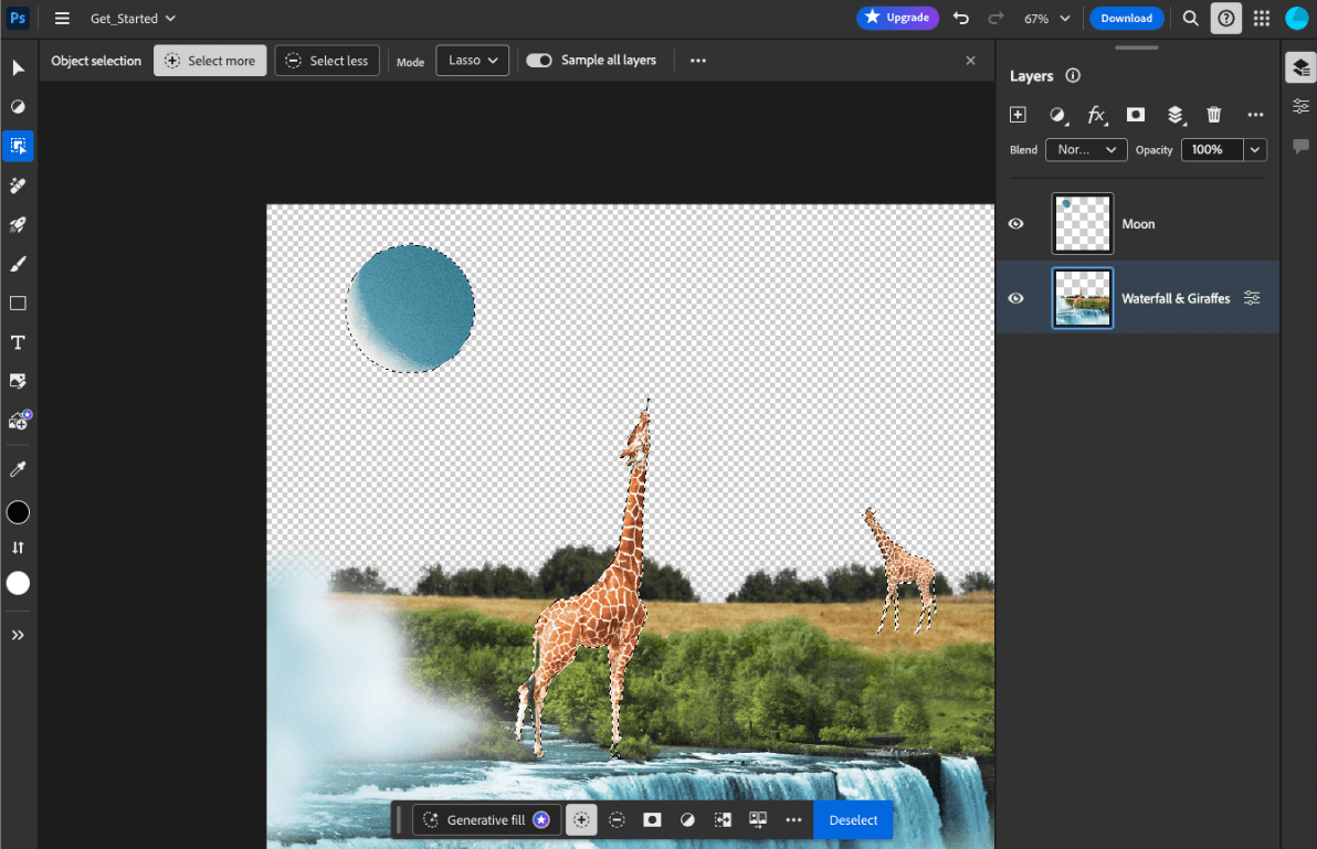 Adobe Photoshop en la Web con la herramienta de selección de objetos potenciada por IA abierta, con tres objetos seleccionados: dos jirafas y una luna.
