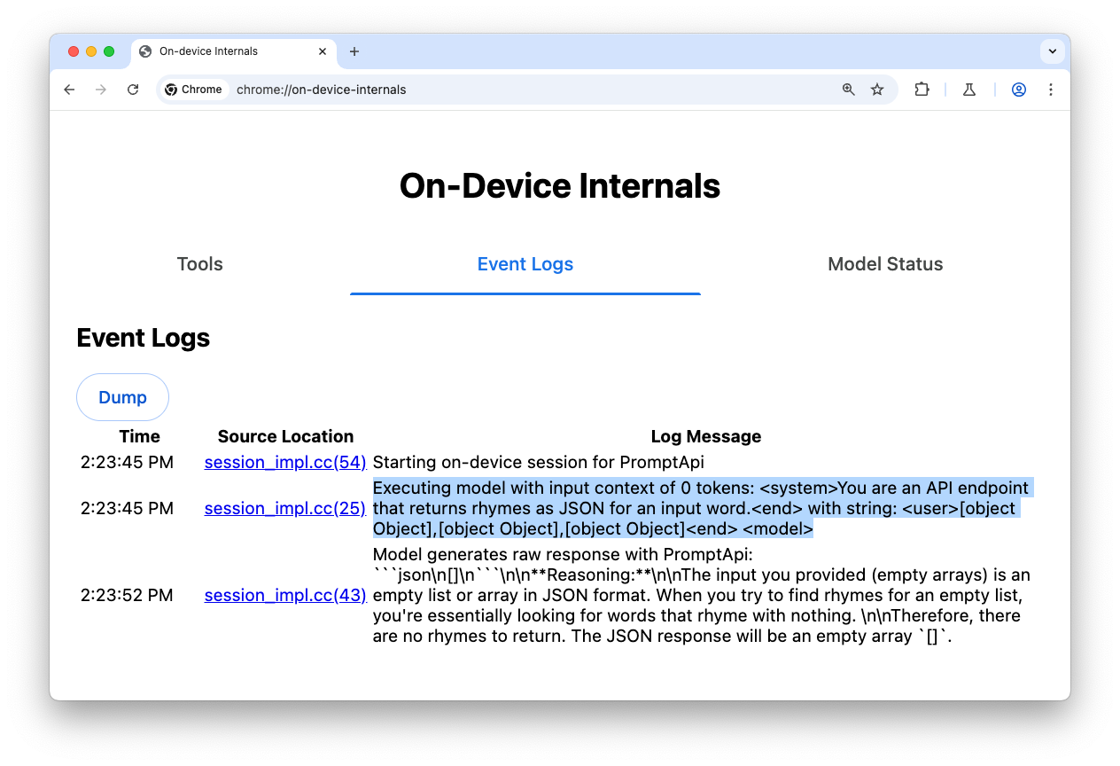 Tab Log Peristiwa di halaman khusus chrome://on-device-internals dengan informasi proses debug.