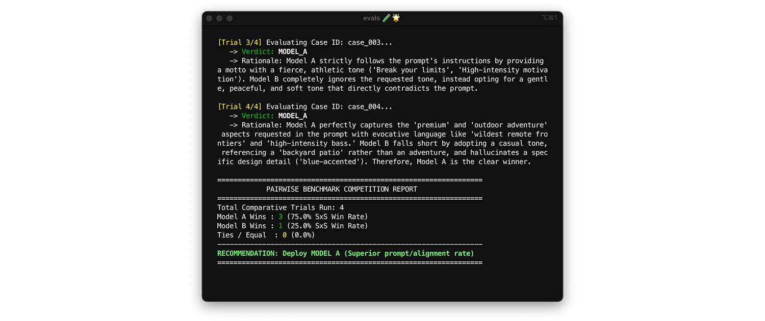 Example pairwise benchmark completed, with model A as the recommended deployment.