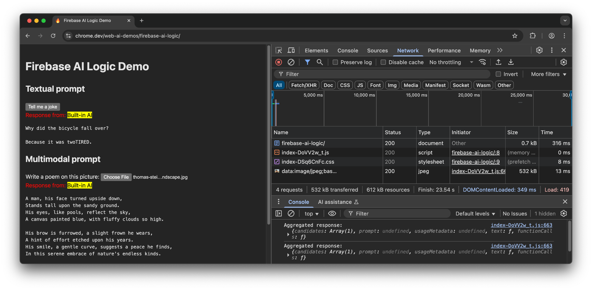 Firebase AI logic running in Chrome, using the built-in AI APIs.