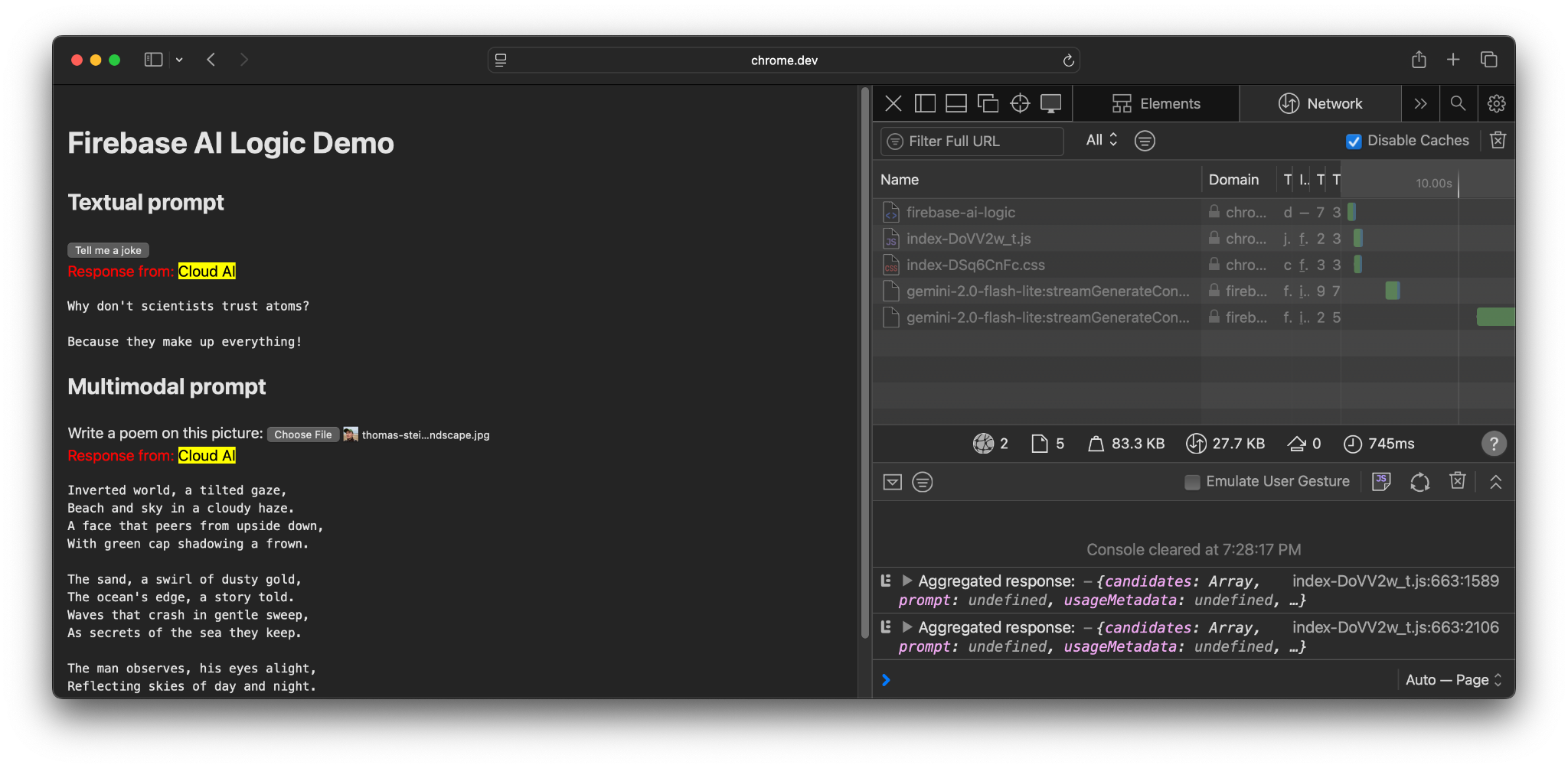 Lógica de IA do Firebase em execução no Safari, fazendo uma solicitação aos servidores do Firebase.