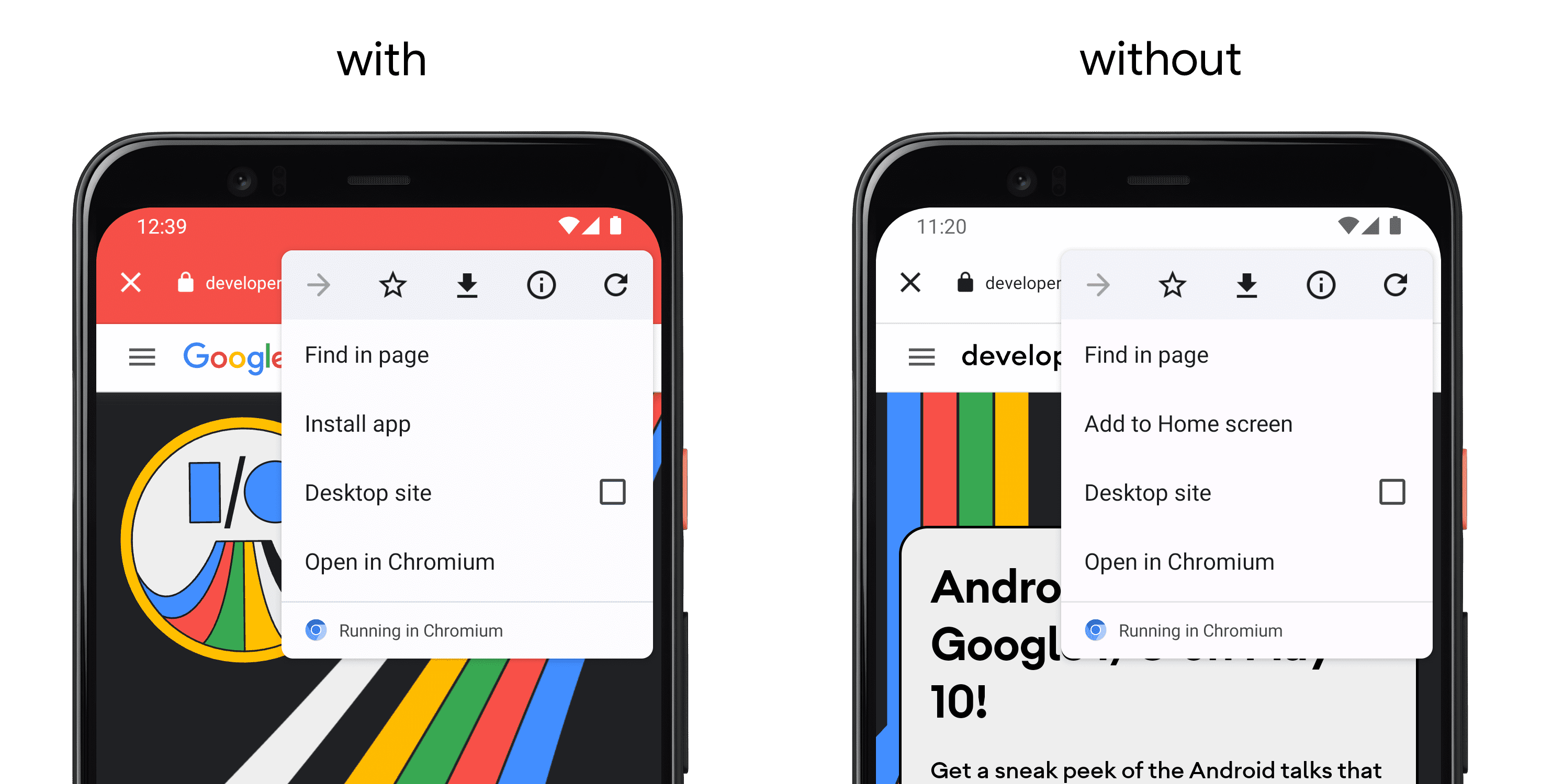 Links ein Smartphone mit einer App, in der setColorSchemeParams() verwendet wird, und rechts ein anderes Smartphone ohne die API