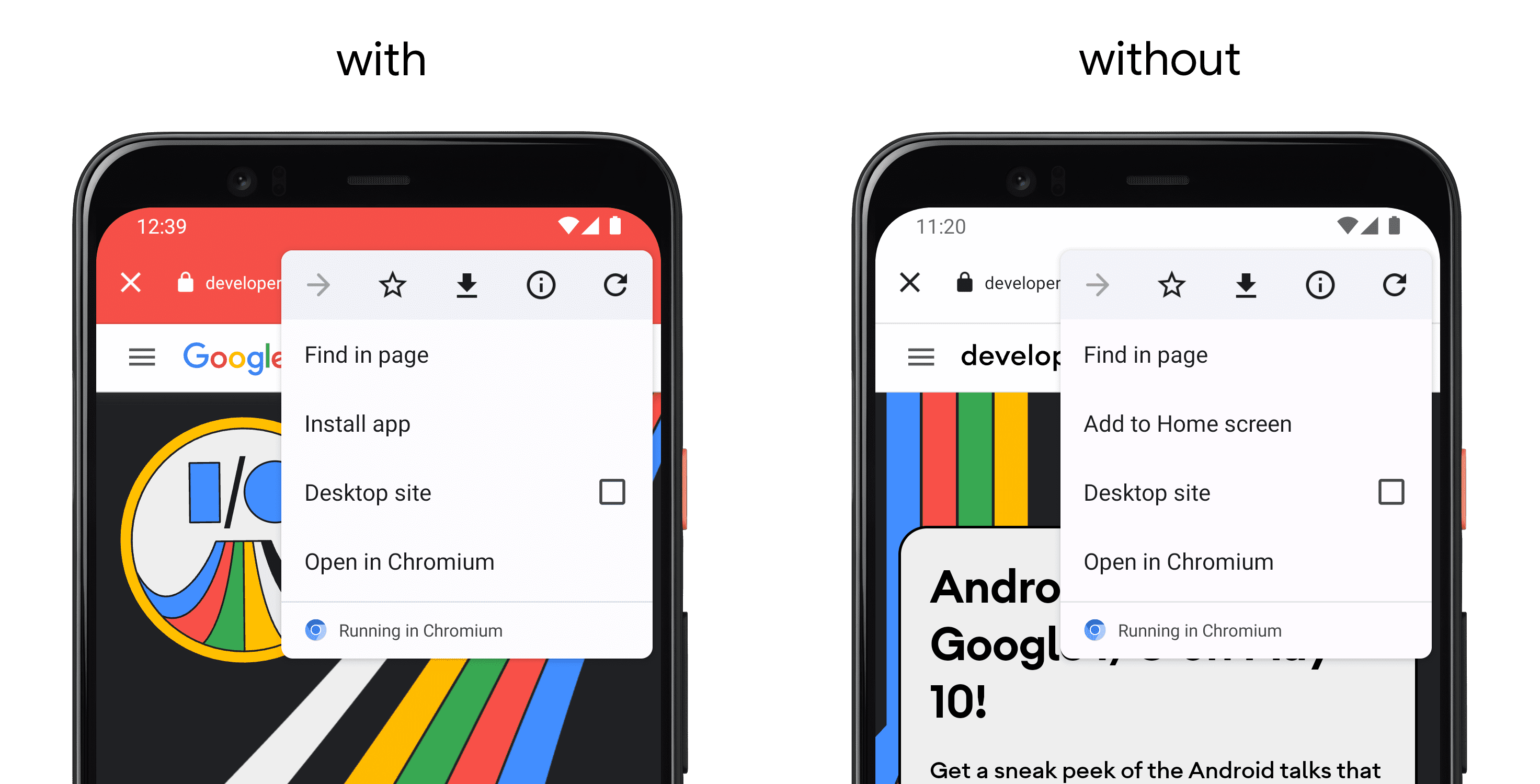 Links ein Smartphone, auf dem eine App mit „setColorSchemeParams()“ angezeigt wird, und auf der rechten Seite ein separates Smartphone ohne API