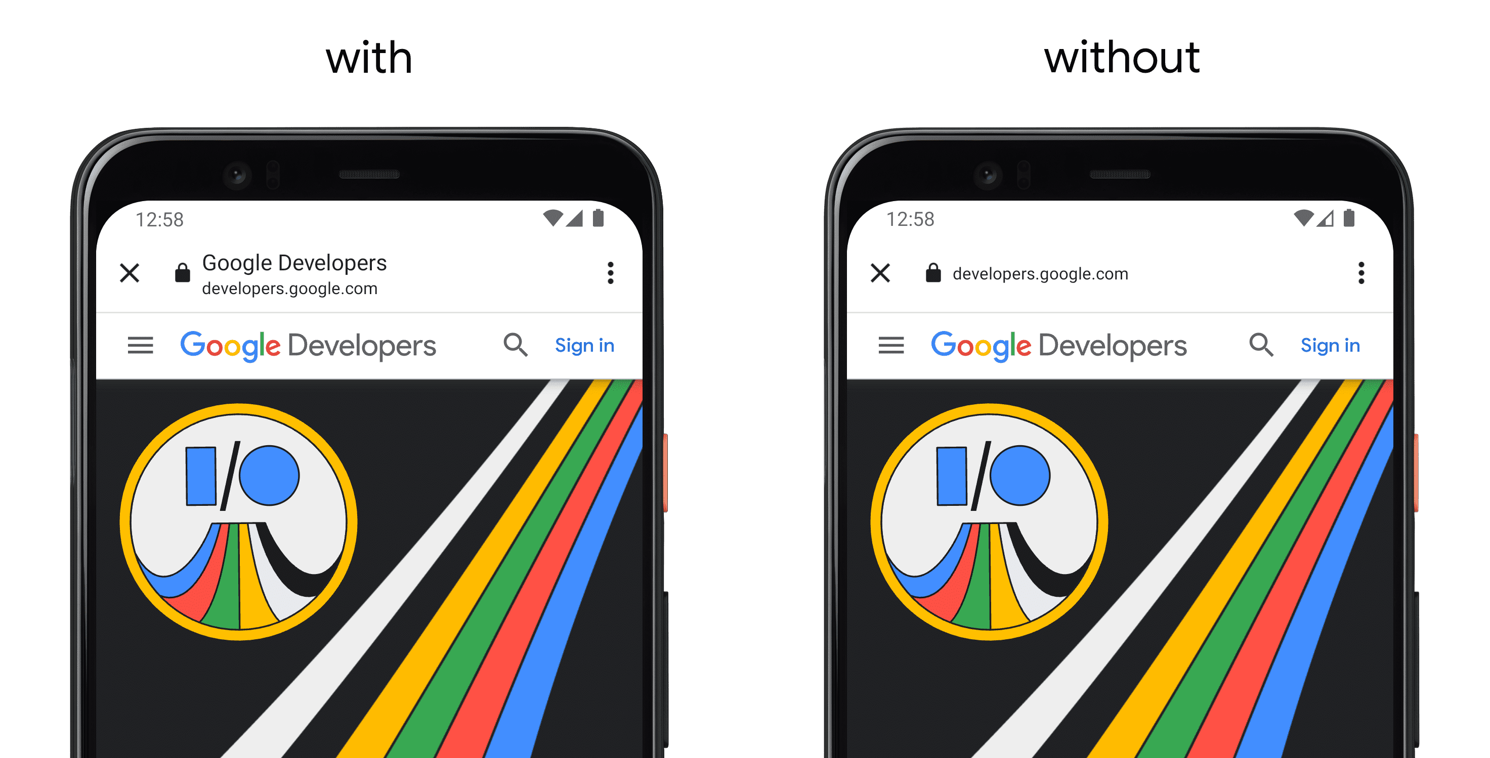 Слева телефон, на котором показано приложение с использованием setShowTitle(), а справа отдельный телефон без API.