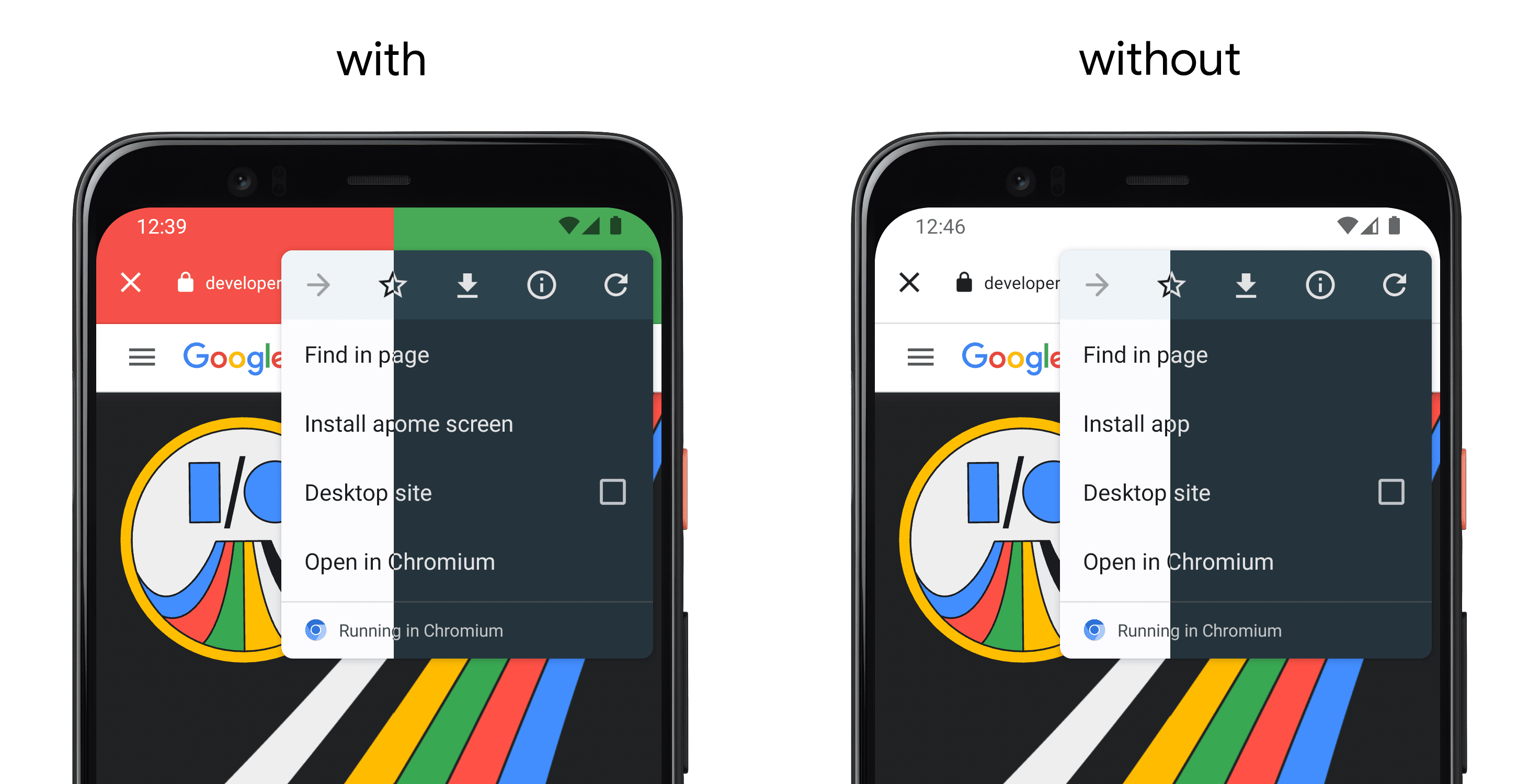 Di sebelah kiri, ponsel yang menampilkan aplikasi menggunakan setDefaultColorSchemeParams(), dan di sebelah kanan, ponsel terpisah tanpa API