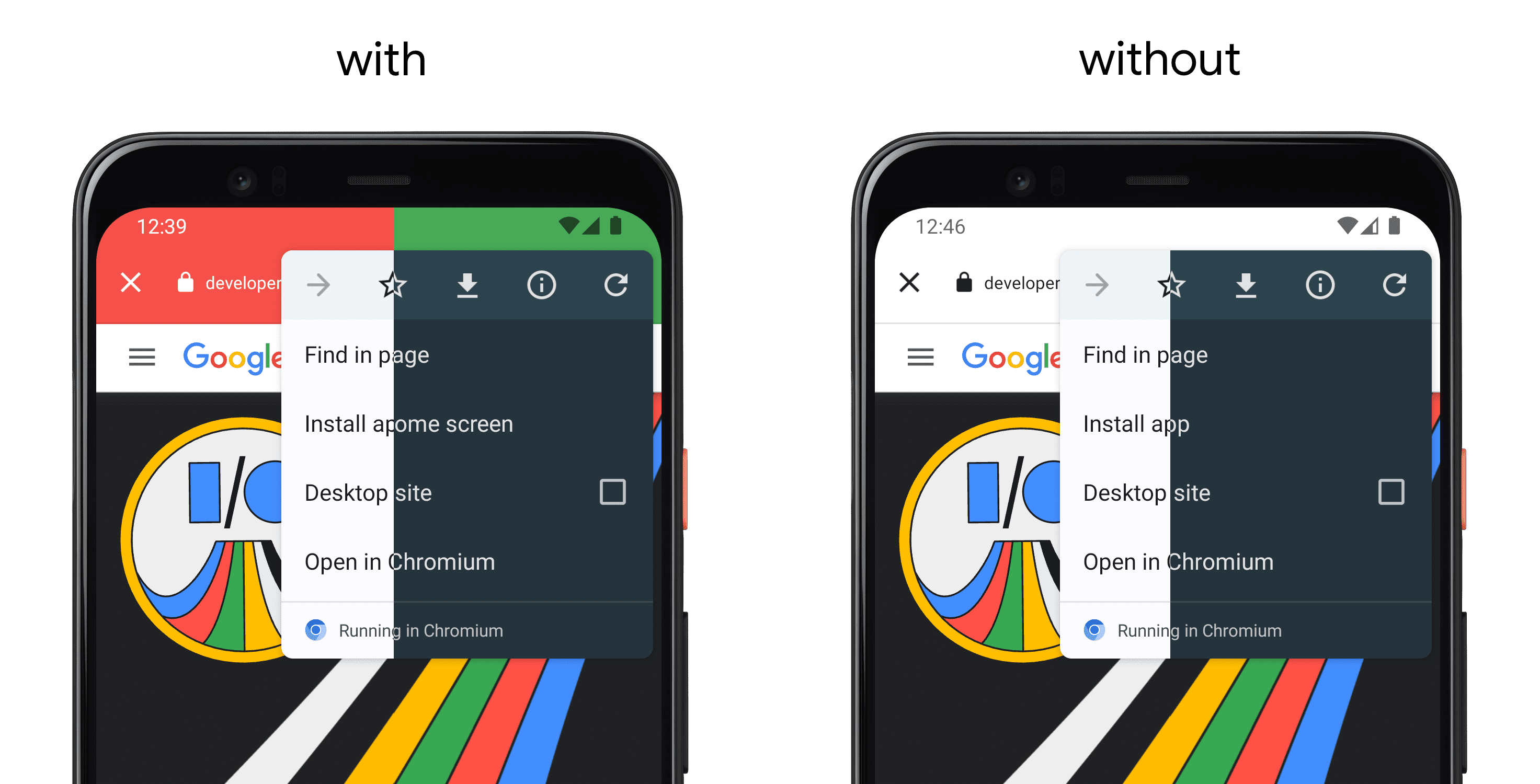 Links ein Smartphone, auf dem eine App mit „setDefaultColorSchemeParams()“ angezeigt wird, und auf der rechten Seite ein separates Smartphone ohne API