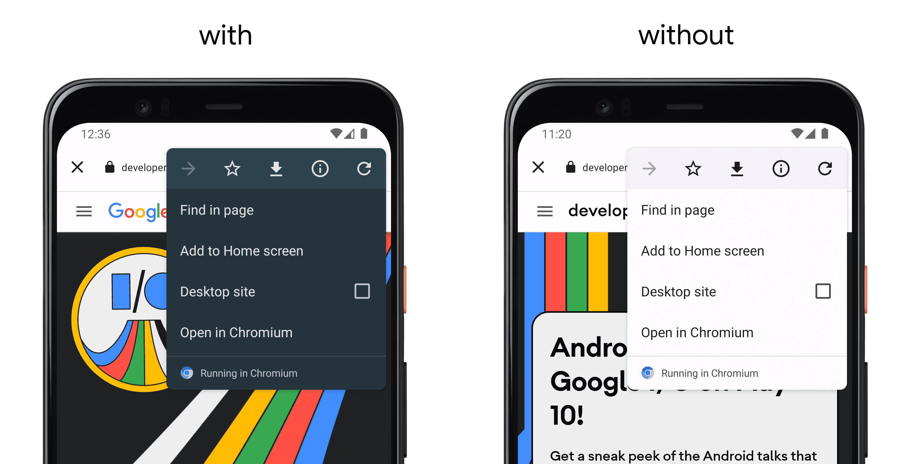 Links ein Smartphone mit einer App, in der setColorScheme() verwendet wird, und rechts ein anderes Smartphone ohne die API