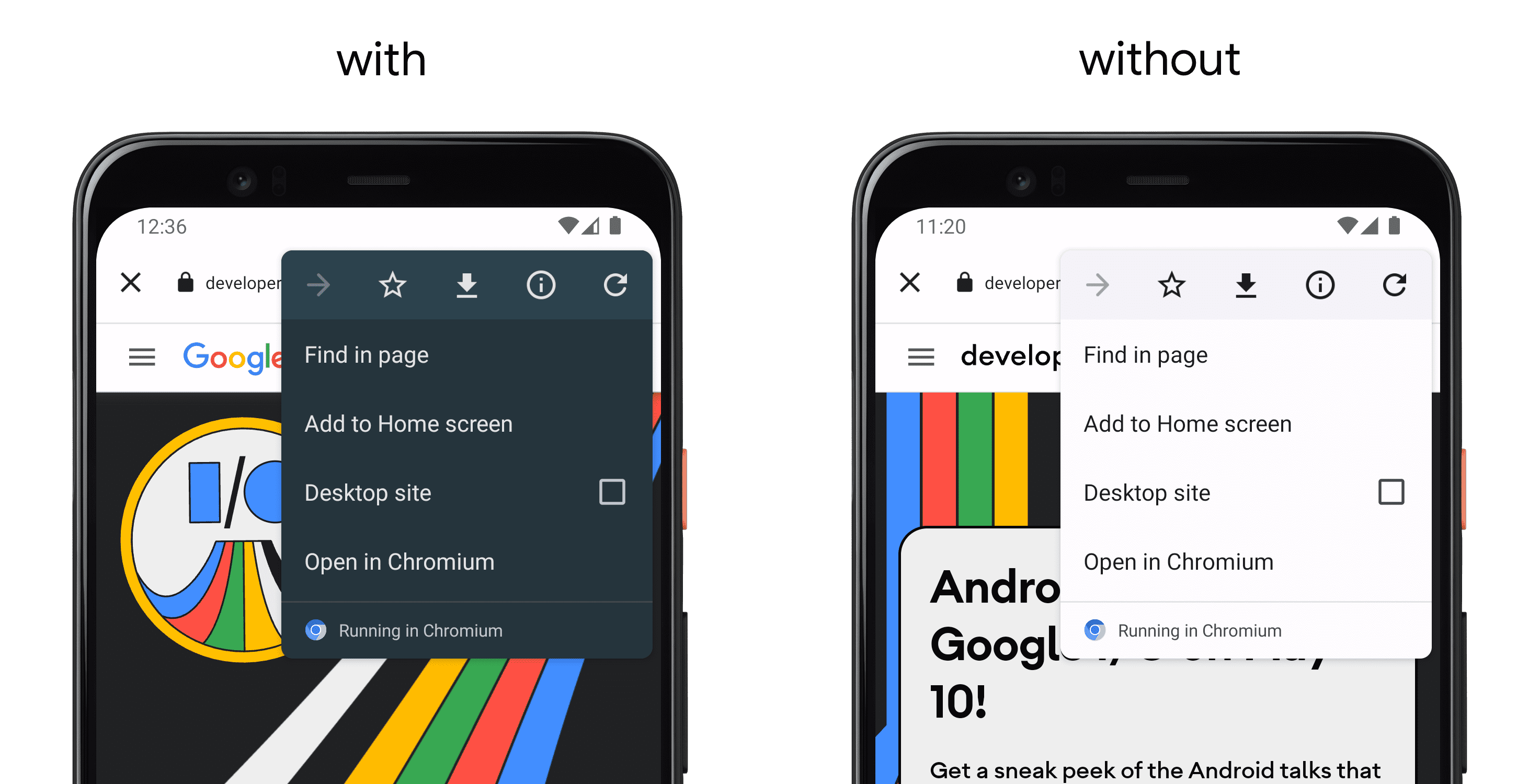 왼쪽에는 setColorScheme()을 사용하는 앱을 보여주는 휴대전화, 오른쪽에는 API가 없는 별도의 휴대전화