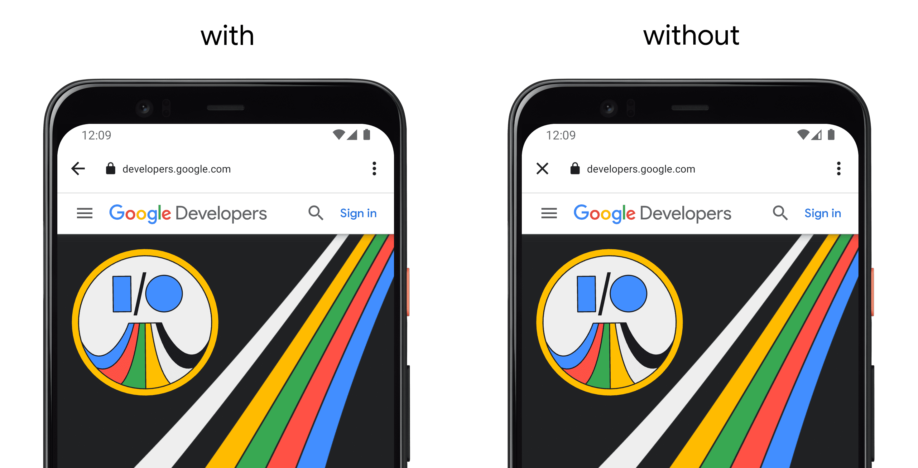 Links ein Smartphone mit einer App, in der setCloseButtonIcon() verwendet wird, und rechts ein anderes Smartphone ohne die API