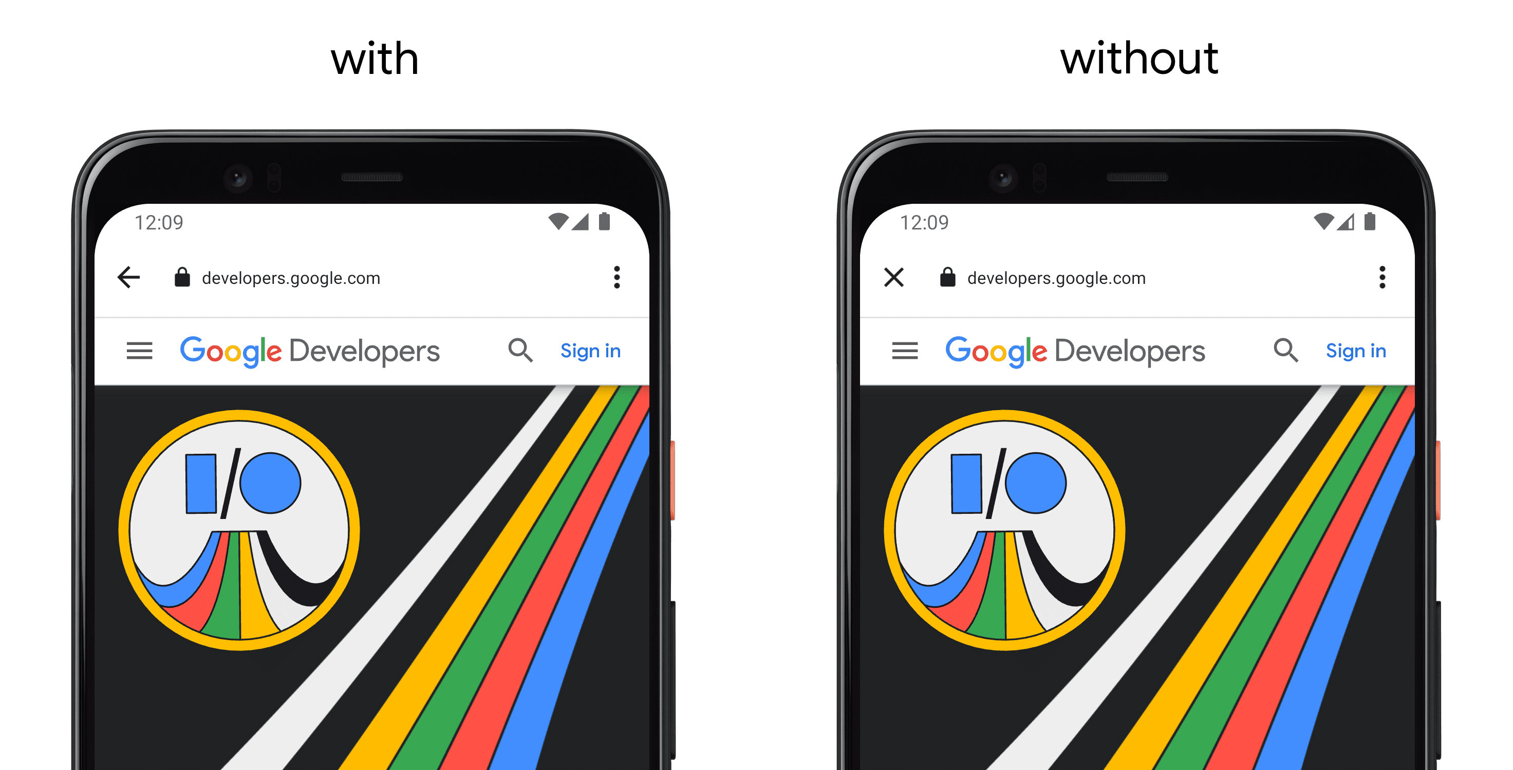 왼쪽은 setCloseButtonIcon()을 사용하는 앱을 보여주는 휴대전화, 오른쪽은 API가 없는 별도의 휴대전화