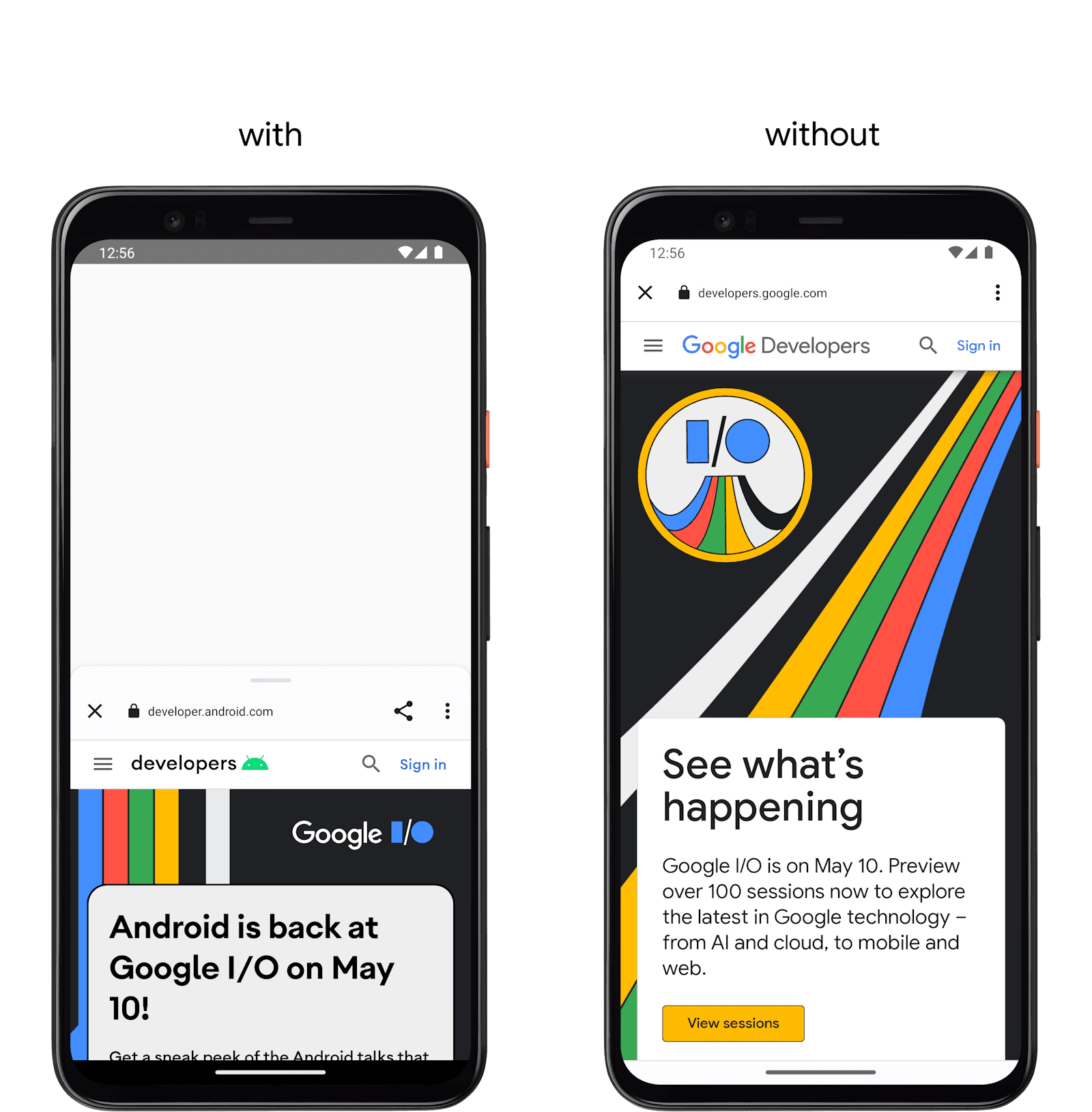左侧显示了使用 setInitialActivityHeightPx() 的应用的手机,右侧显示了未使用该 API 的另一部手机