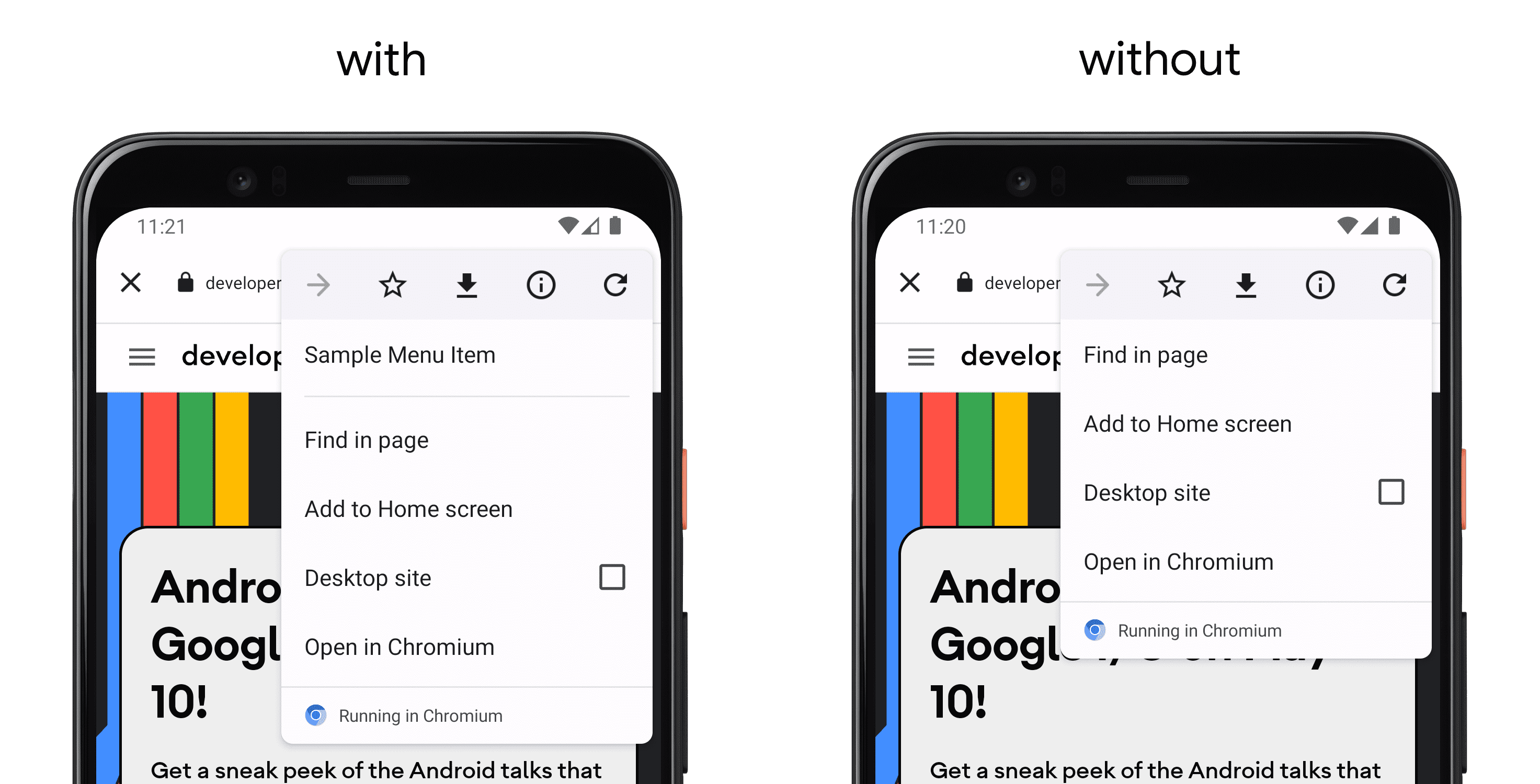 On the left, a phone showing an app using addMenuItem(), and on the right a separate phone without the API