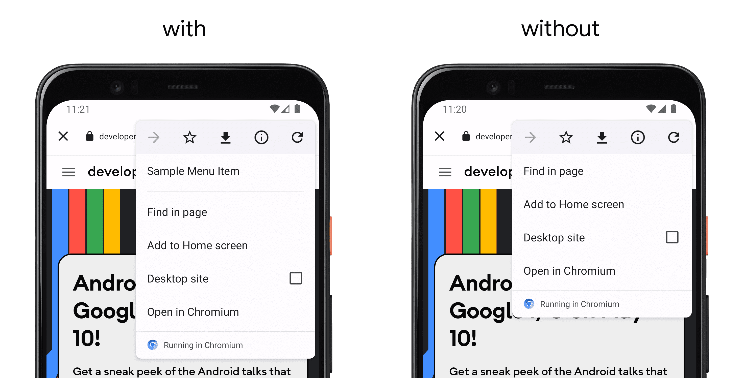A la izquierda, un teléfono en el que se muestra una app que usa addMenuItem() y, a la derecha, un teléfono independiente sin la API.