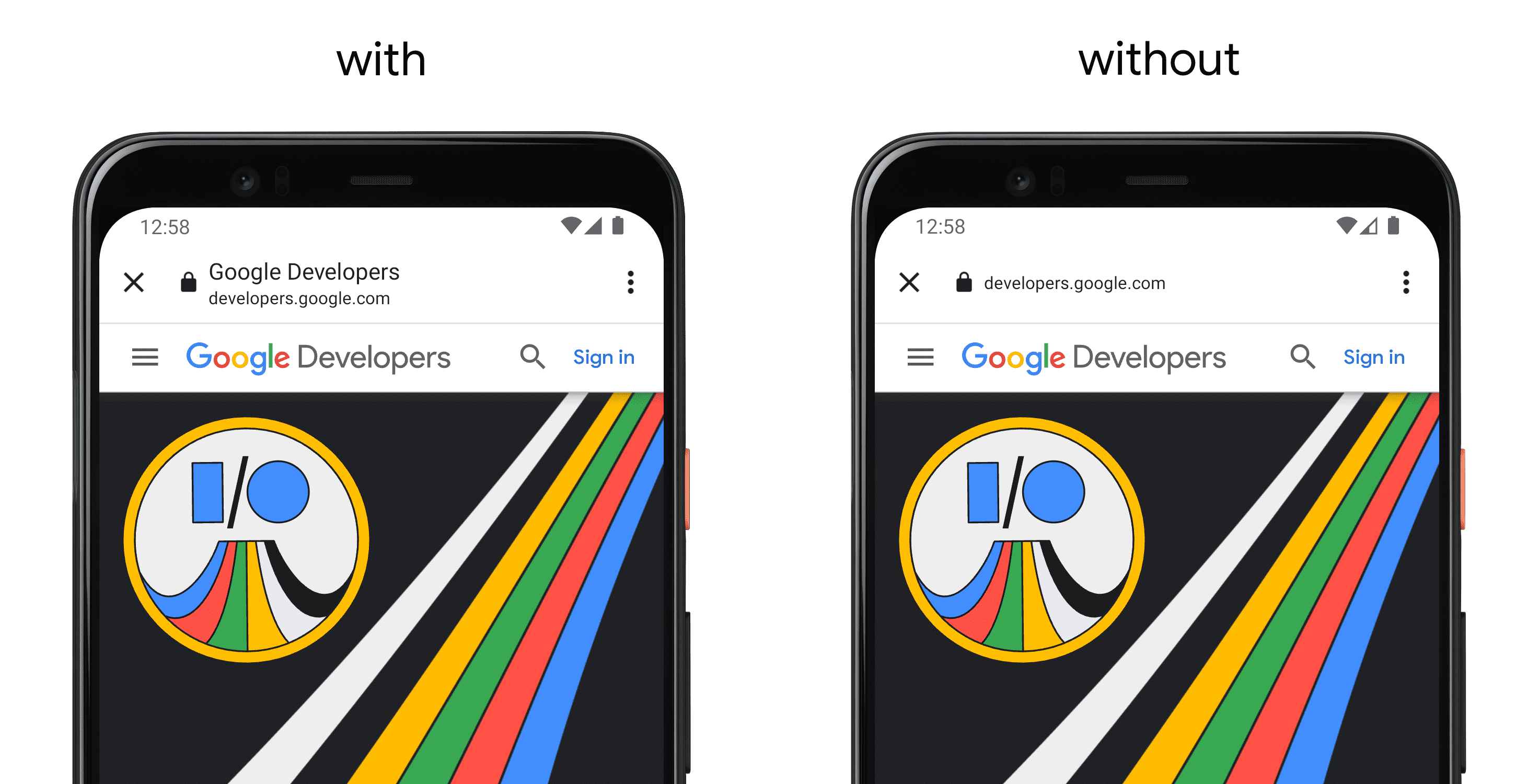 Links ein Smartphone mit einer App, die setShareState() verwendet, und rechts ein anderes Smartphone ohne die API