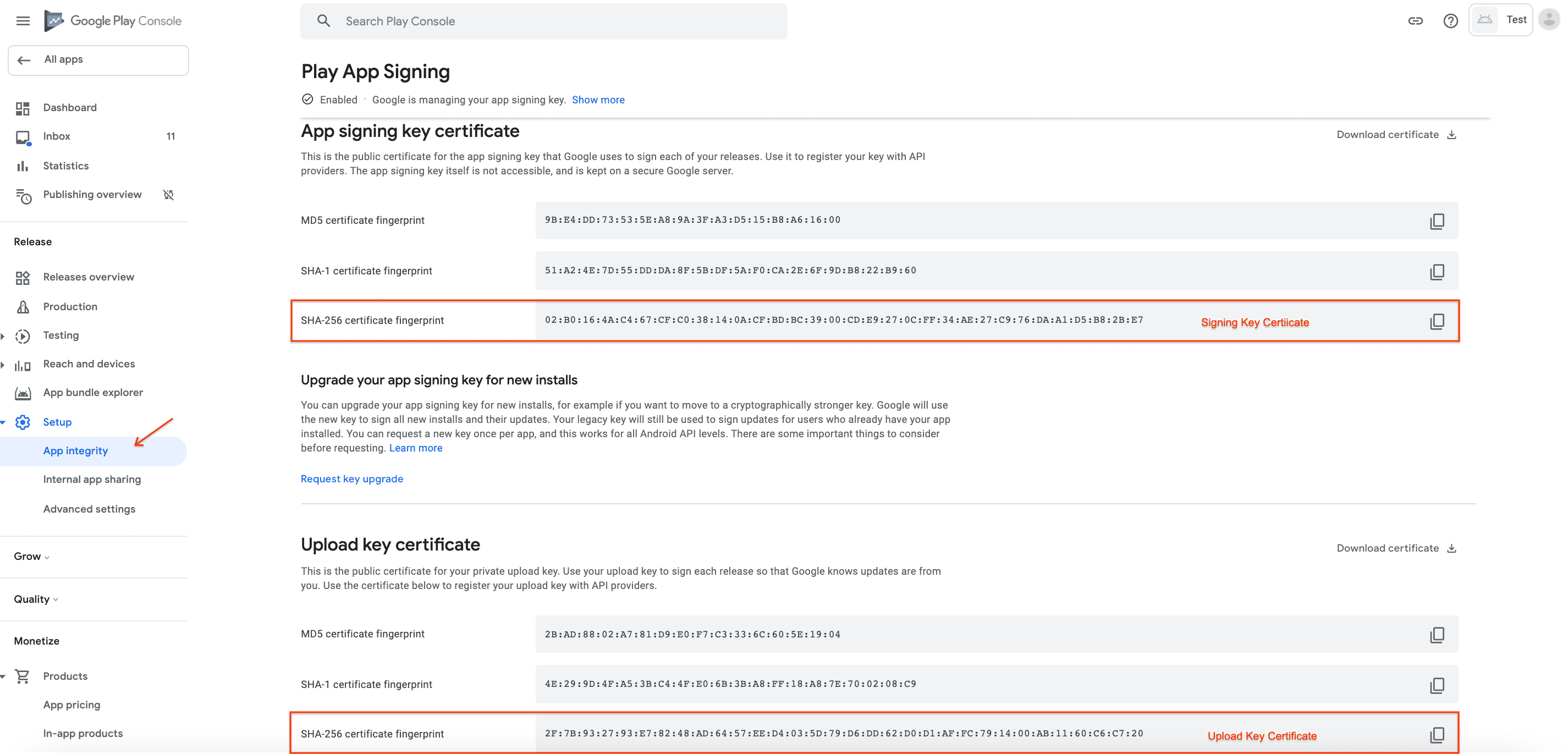 Retrieve the appropriate SHA256 certificate fingerprint for your signing or upload key