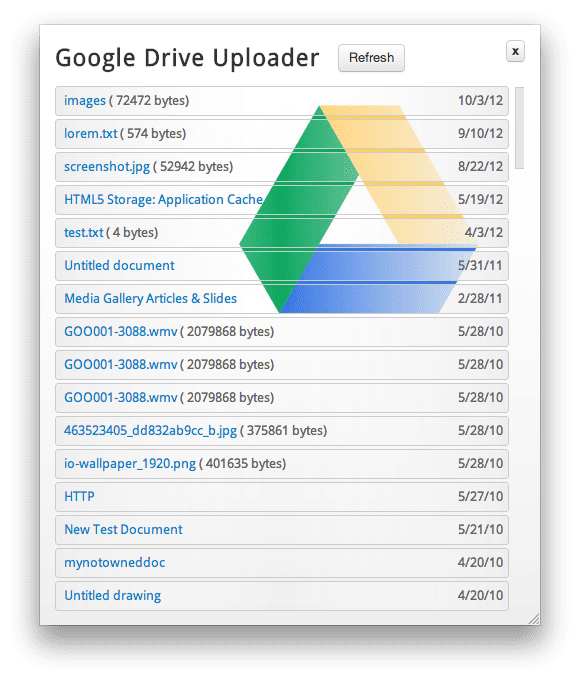 Elenco di file recuperato nell&#39;Uploader di Google Drive