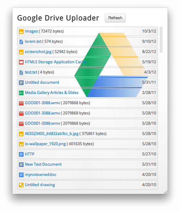 Google Drive Uploader con íconos de archivos