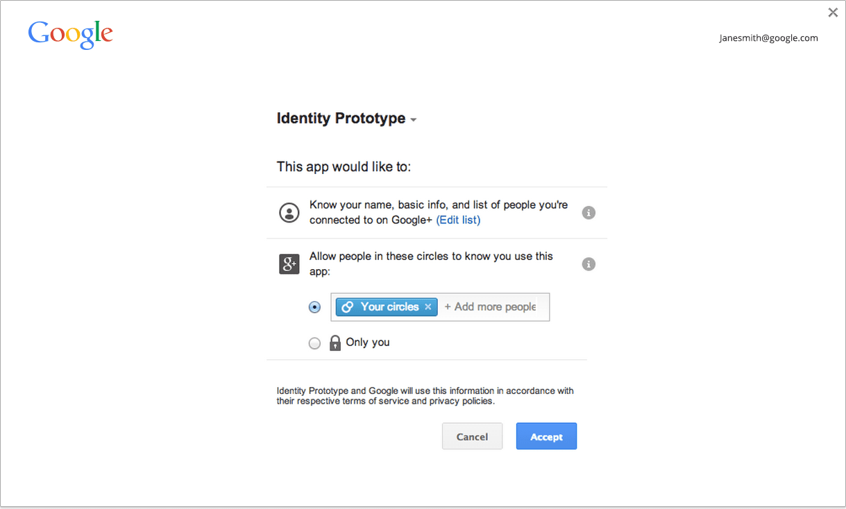 لقطة شاشة تعرض واجهة المستخدم عندما يستخدم أحد التطبيقات Identity API لمصادقة حساب Google