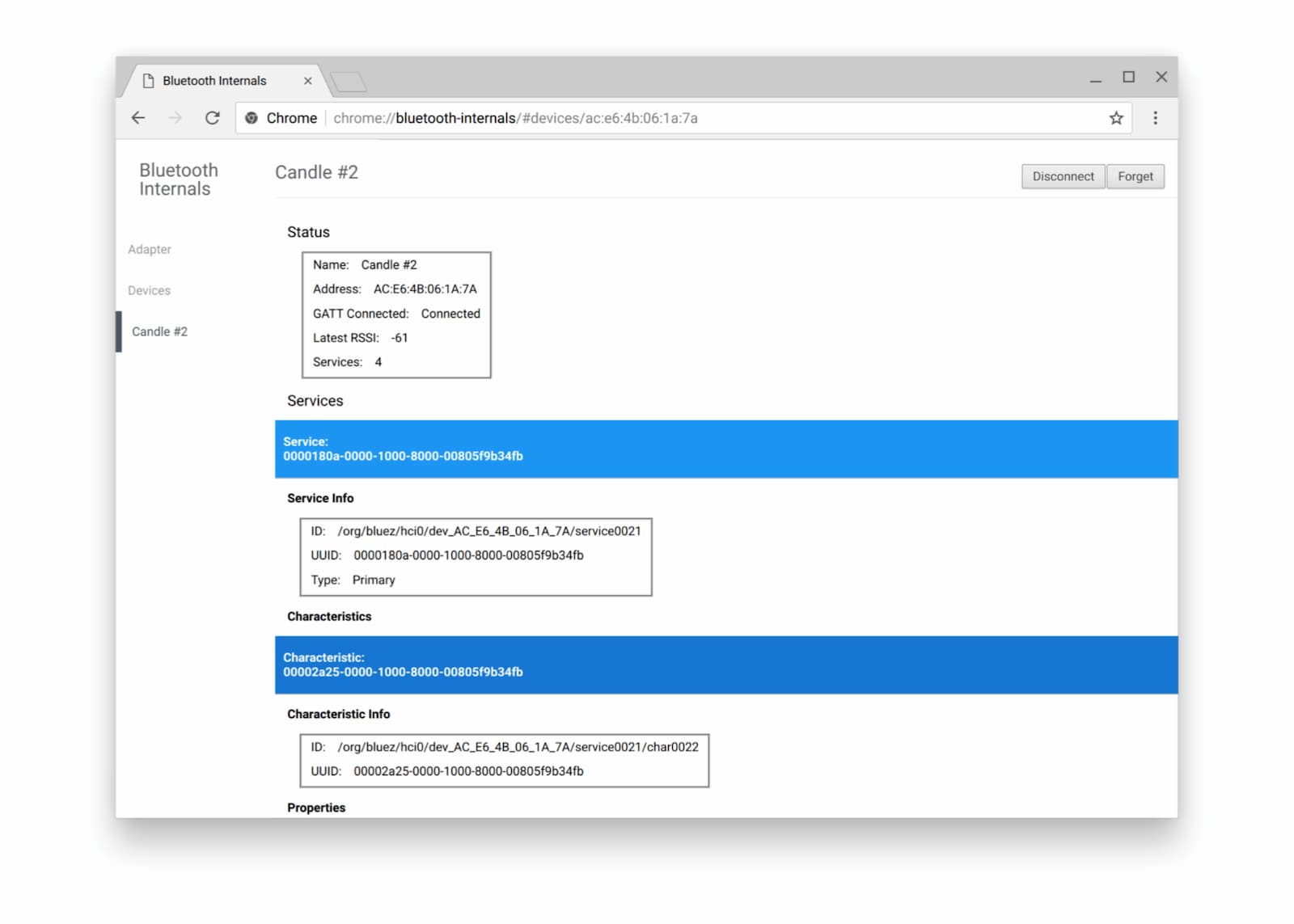 Captura de tela da página interna para depurar o Bluetooth no Chrome