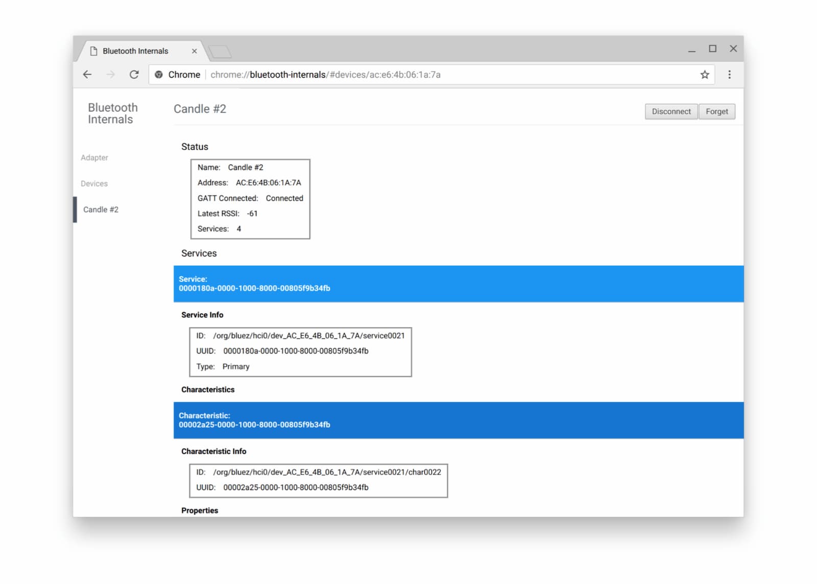 Chrome में ब्लूटूथ को डीबग करने के लिए, इंटरनल पेज का स्क्रीनशॉट