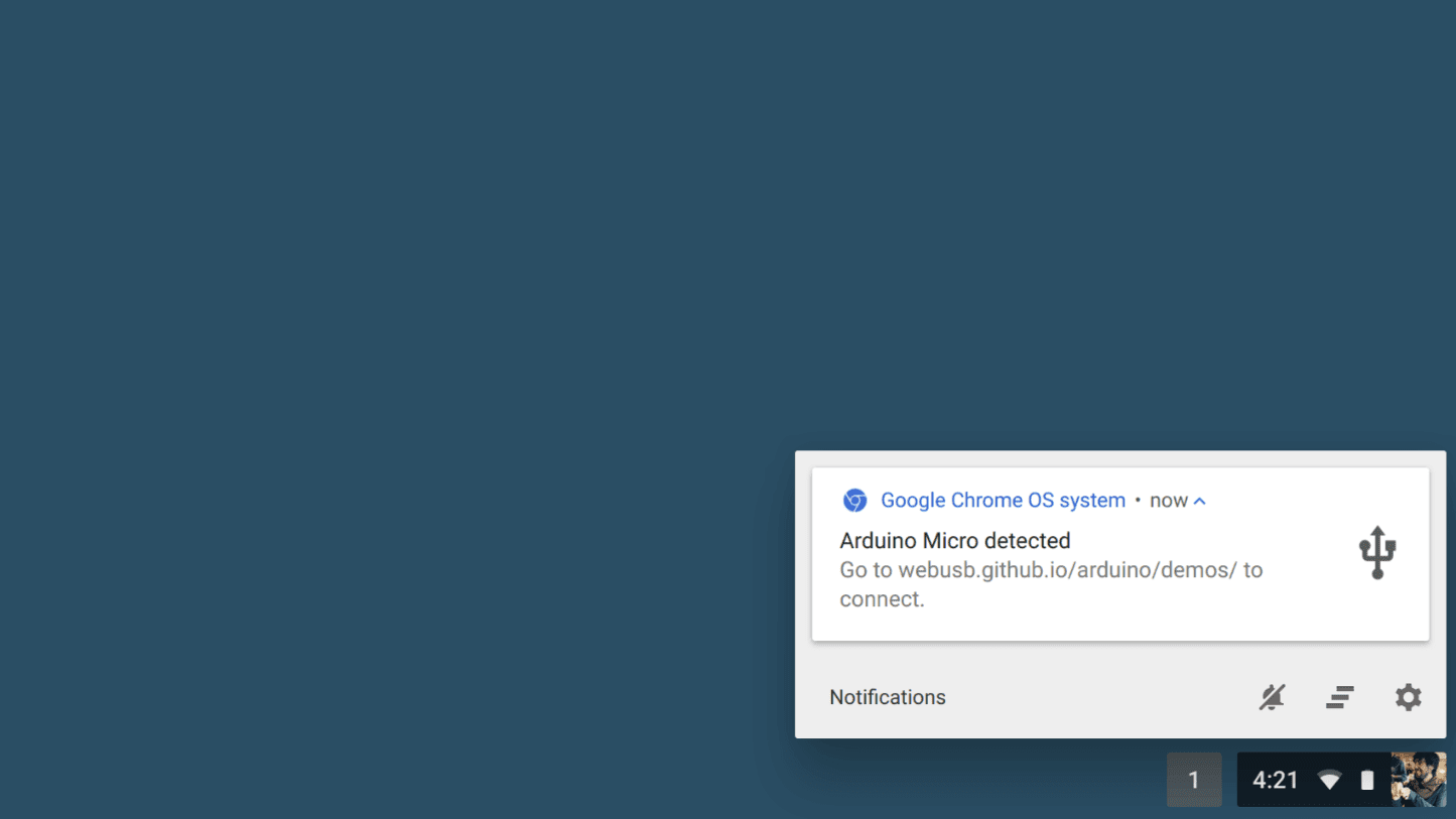 Capture d&#39;écran de la notification WebUSB dans Chrome