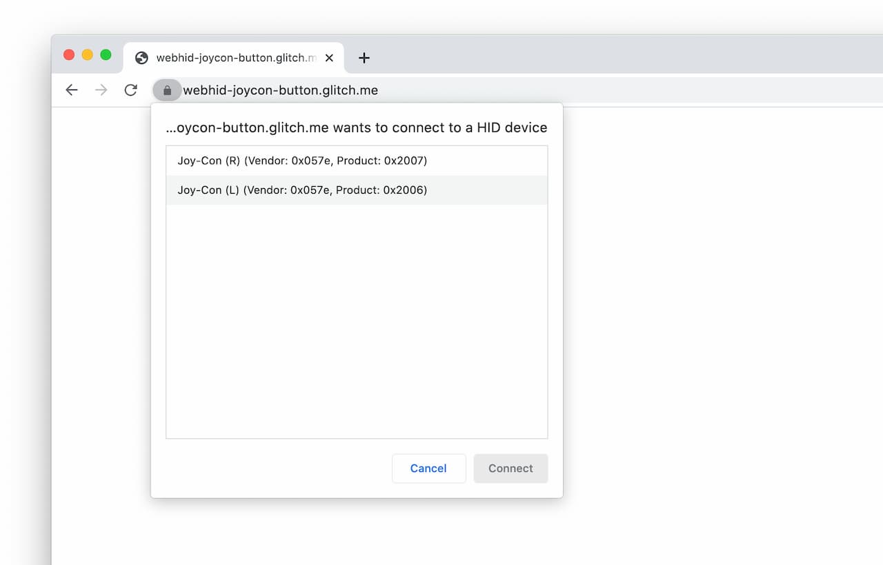 اسکرین شات درخواست دستگاه HID در یک وب سایت.