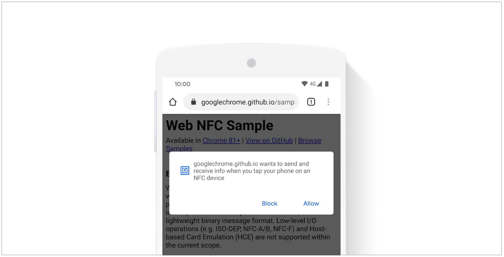 Captura de pantalla de un mensaje de NFC web en un sitio web