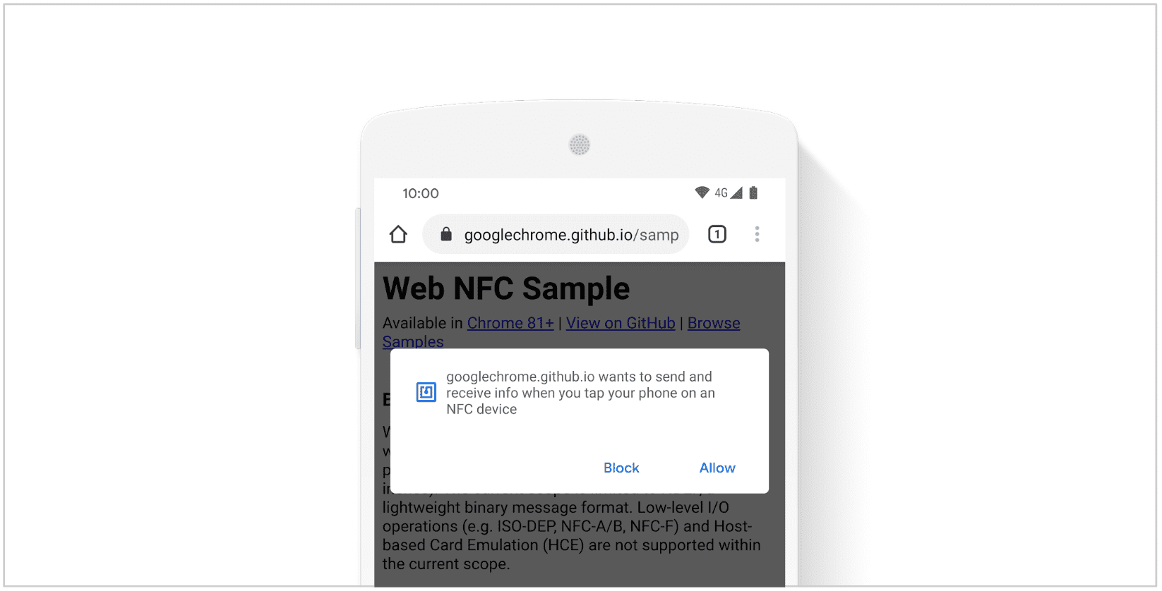 Captura de pantalla de un mensaje de NFC en la Web en un sitio web