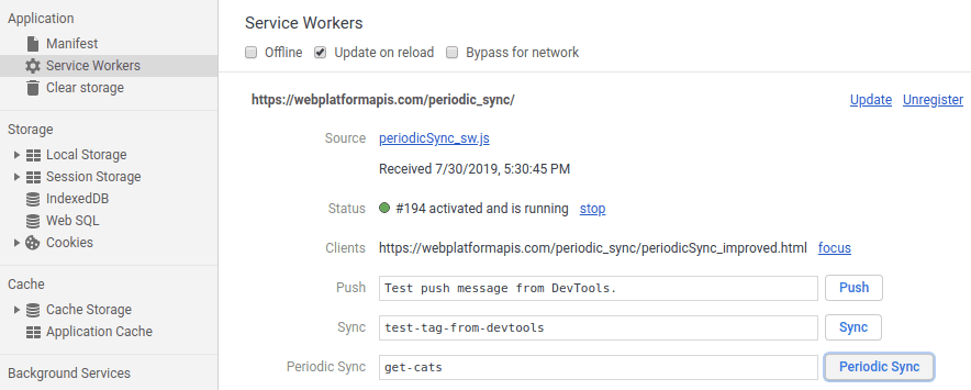 Bagian &#39;Service Workers&#39; pada panel Application menampilkan tombol dan kolom teks &#39;Periodic Sync&#39;.