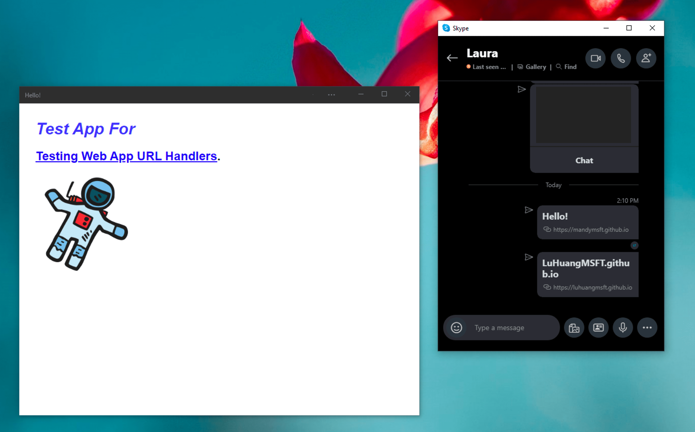 O app de mensagens instantâneas do Windows Skype ao lado da PWA de demonstração instalada, que é aberta no modo independente depois de clicar em um link processado por ela em uma mensagem de chat do Skype.