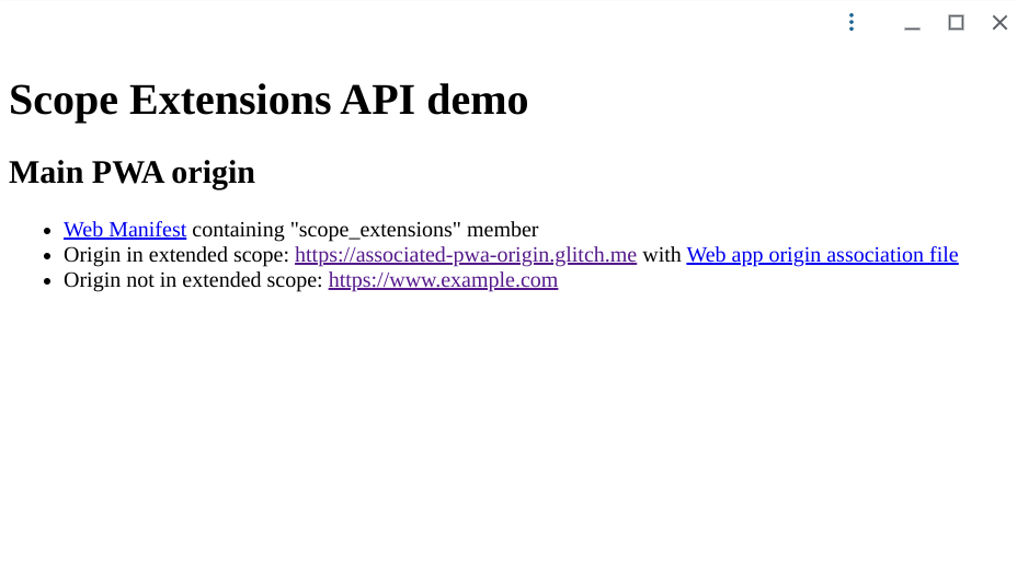 Main PWA window with in scope and extended scope links.