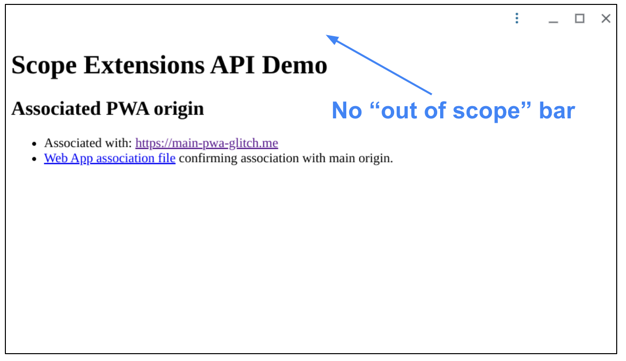 Finestra PWA principale senza barra fuori ambito dopo aver fatto clic sul link ambito esteso.