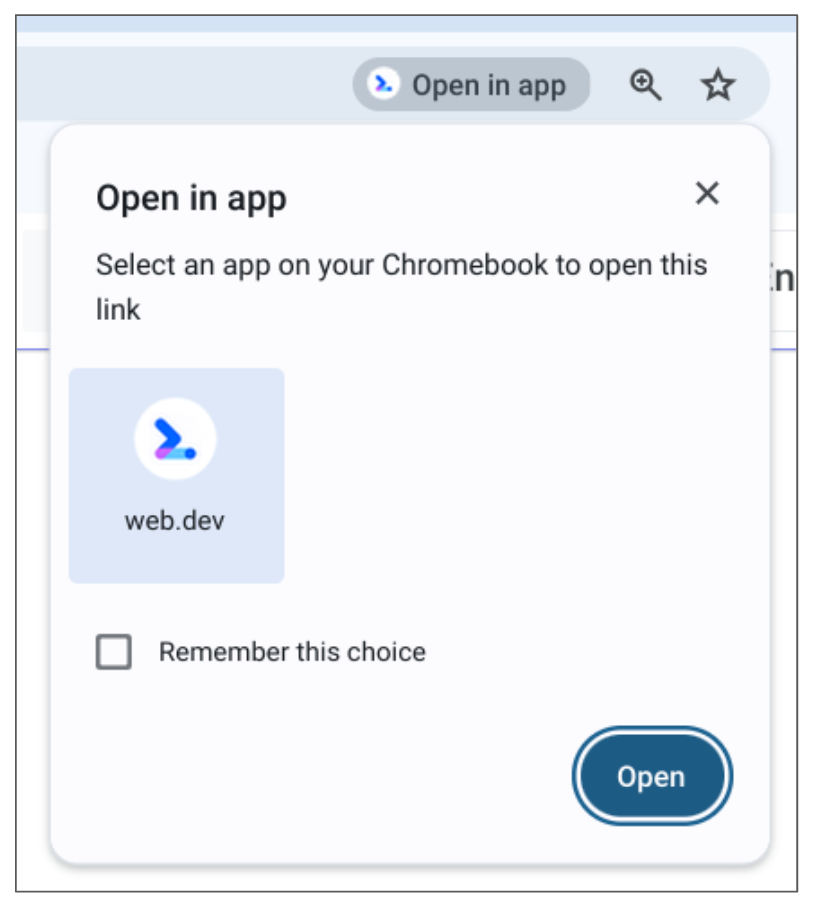 Lời nhắc của Omnibar cho một ứng dụng web tiến bộ (PWA) đã cài đặt.