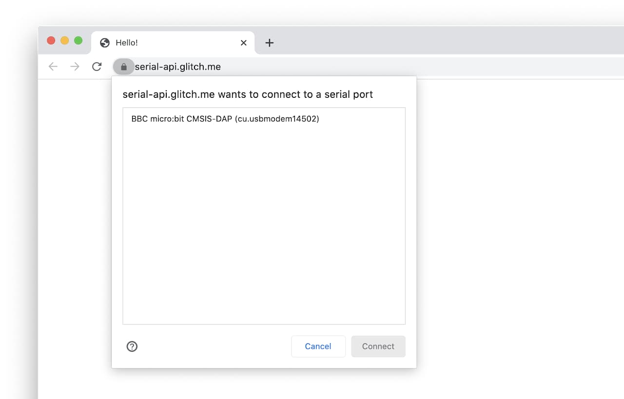Captura de pantalla de la solicitud del puerto en serie en un sitio web