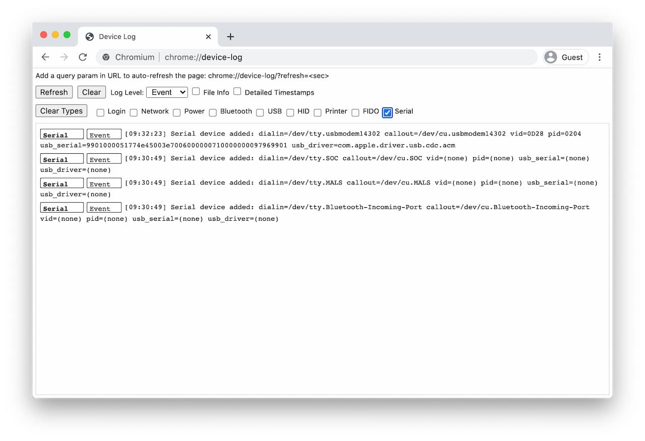 ภาพหน้าจอของหน้าภายในสำหรับการแก้ไขข้อบกพร่องของ Web Serial API