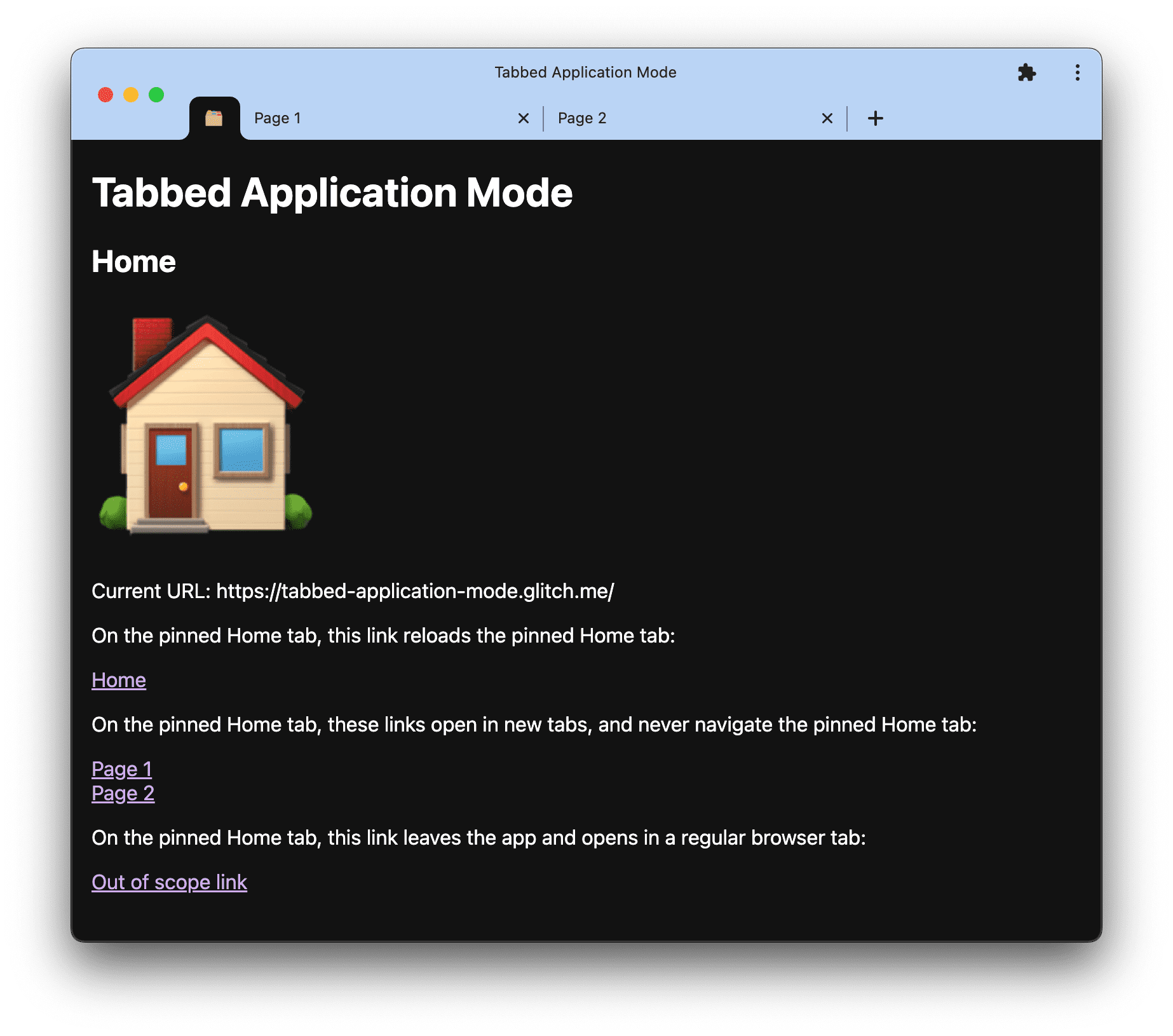 הדגמה של מצב אפליקציה עם כרטיסיות בכתובת tabbed-application-mode.glitch.me.