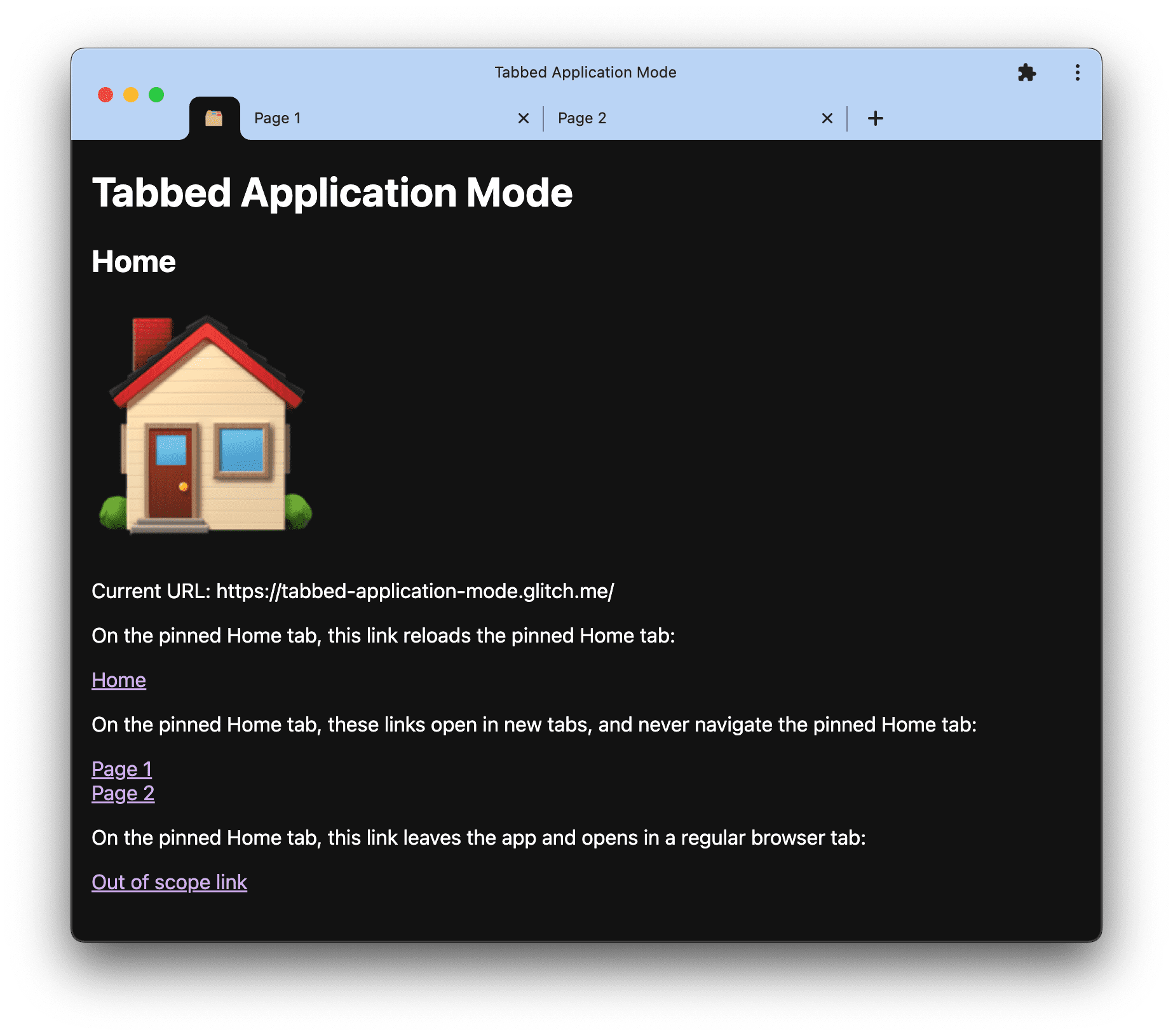 tabbed-application-mode.glitch.me のタブ形式アプリケーション モードのデモのスクリーンショット。