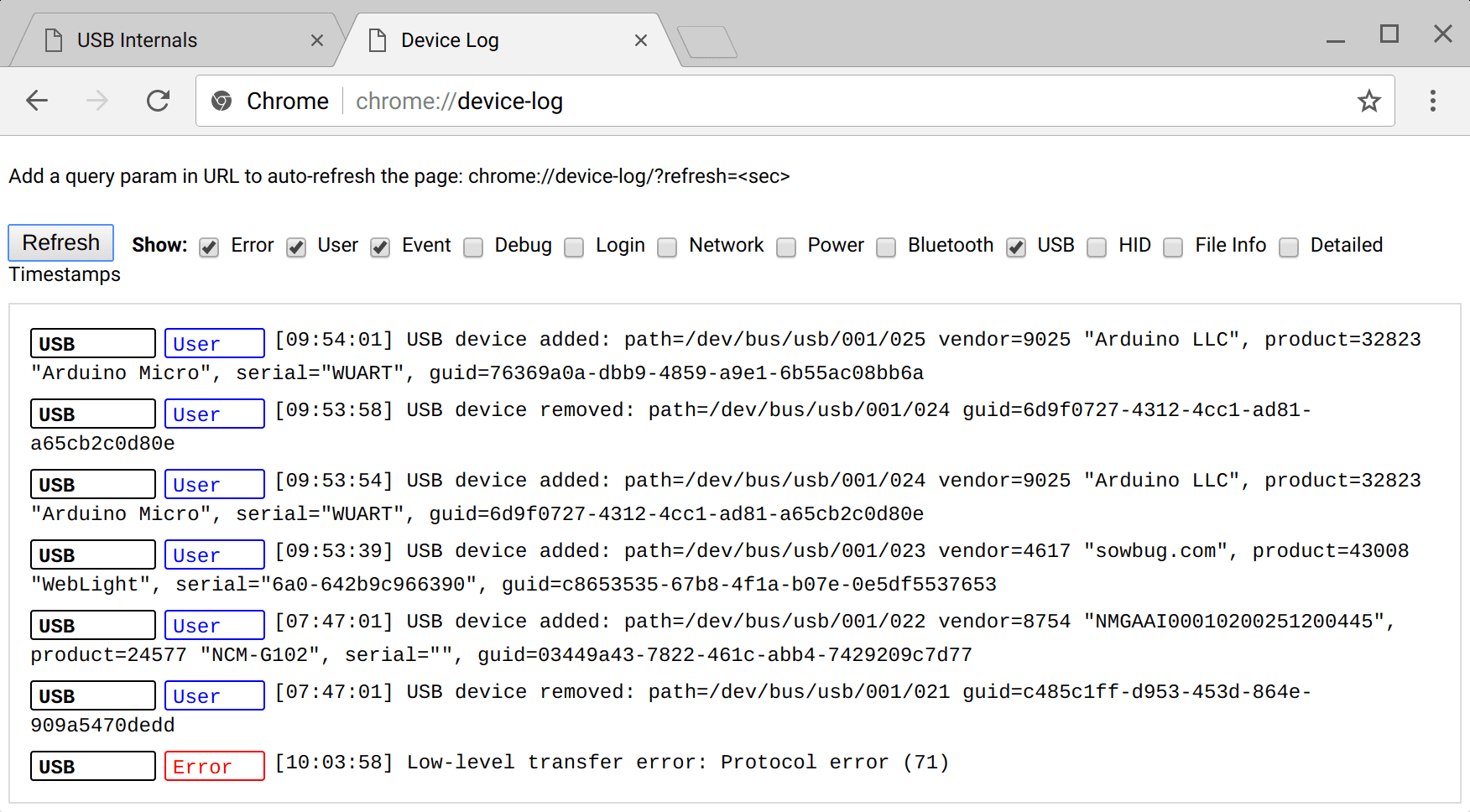 Screenshot der Seite mit Geräteprotokollen zur Fehlerbehebung bei WebUSB in Chrome