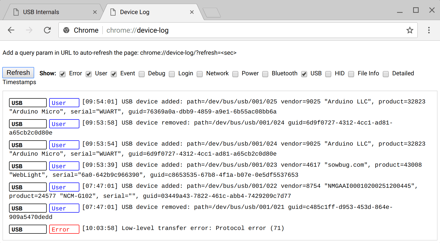 Schermafbeelding van de apparaatlogpagina voor het debuggen van WebUSB in Chrome